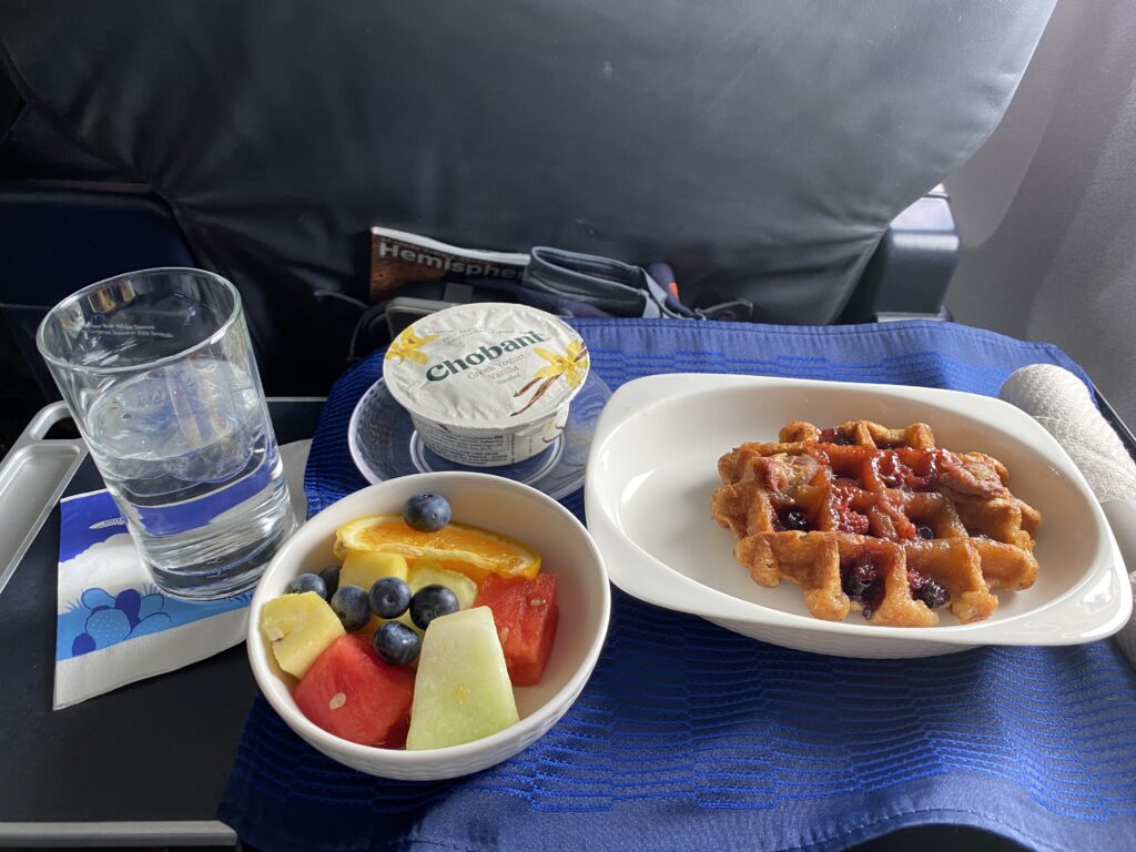 Waffle and fruit bowl on a United Airlines flight