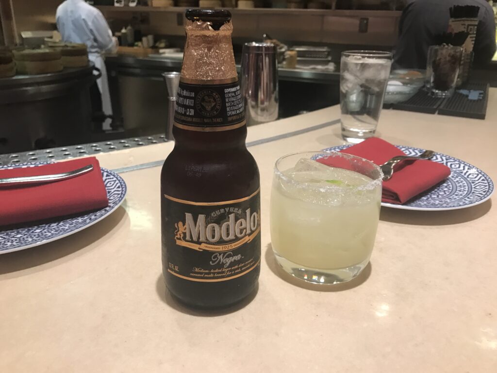 Negra Modelo beer and margarita at the bar at Chino Poblano Las Vegas