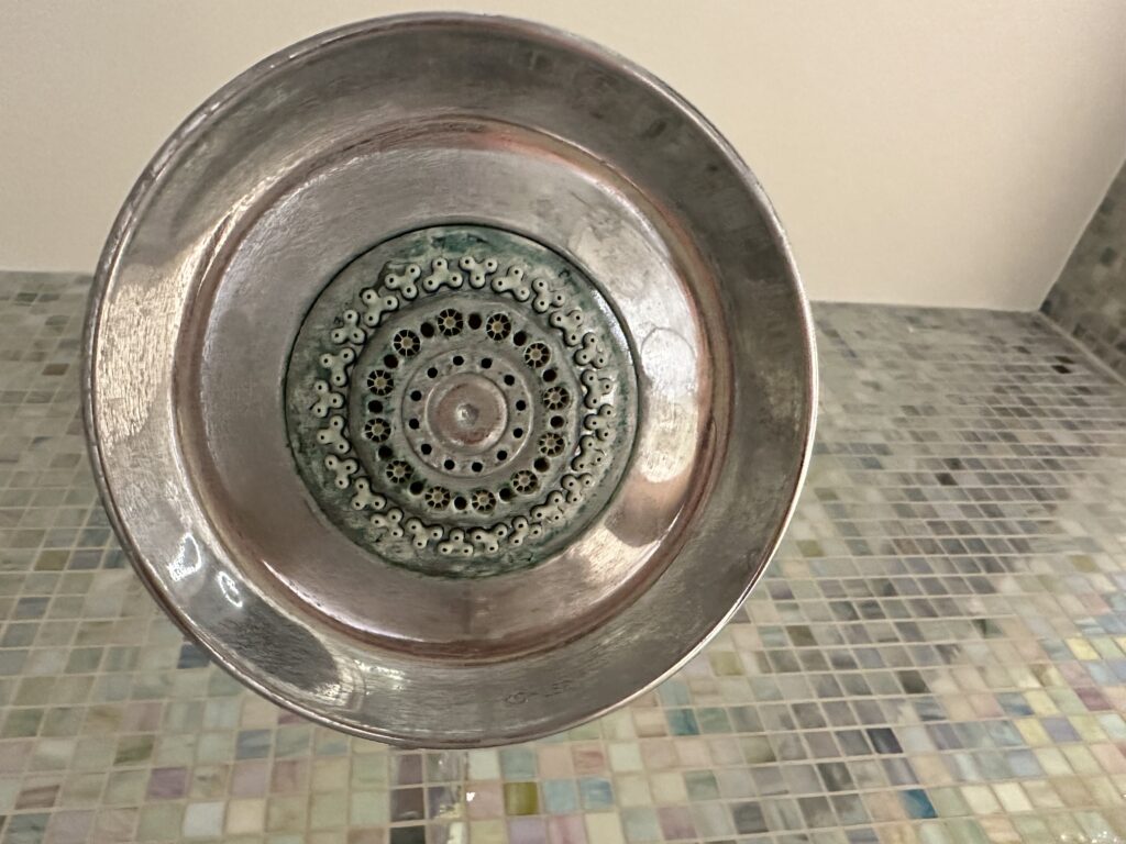 Cosmo shower head dirty with stains.